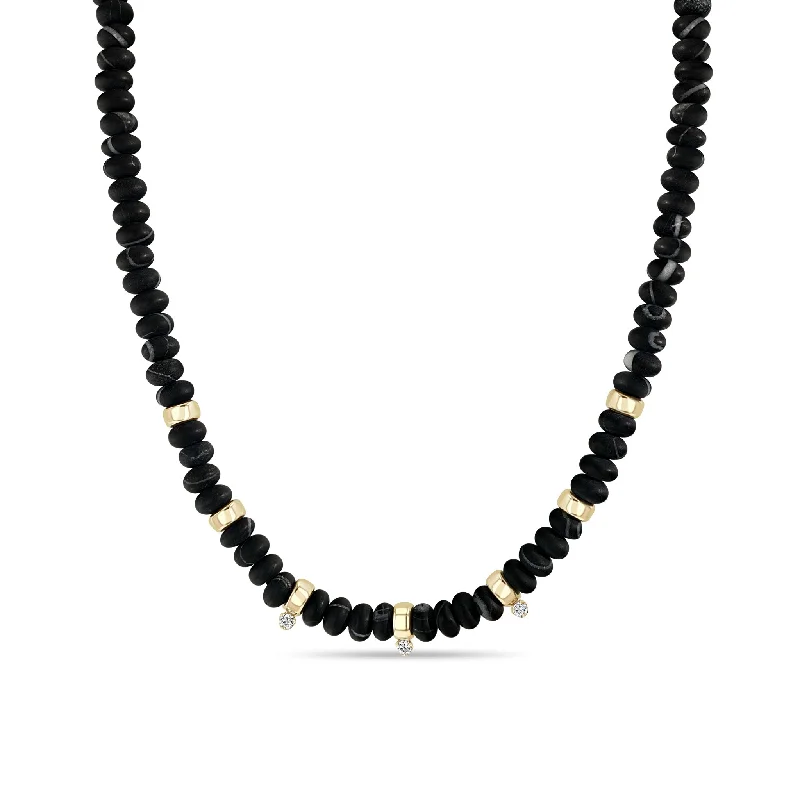 three stone pendant necklace -14k Gold & Matte Black Agate Rondelle Bead Necklace with 3 Prong Diamonds