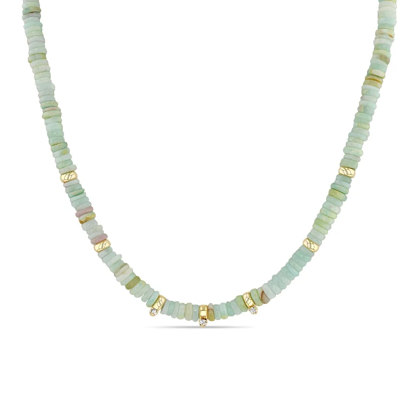 unique gemstone crystal necklace -14k Gold & Mixed Light Blue Opal Rondelle Bead Necklace with 3 Prong Diamonds