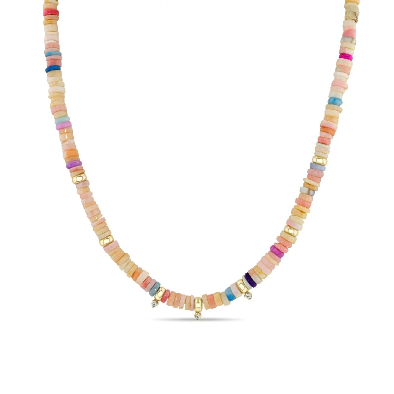 chakra healing stone necklace -14k Gold & Mixed Pink Opal Rondelle Bead Necklace with 3 Prong Diamonds