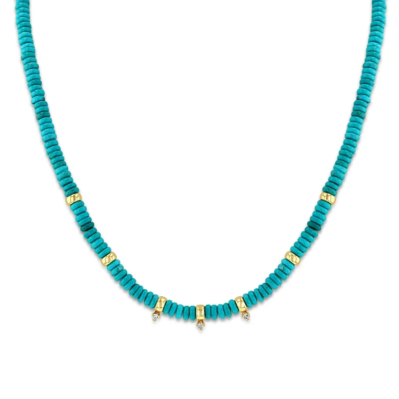 floral pendant necklace -14k Gold & Turquoise Rondelle Bead Necklace with 3 Prong Diamonds