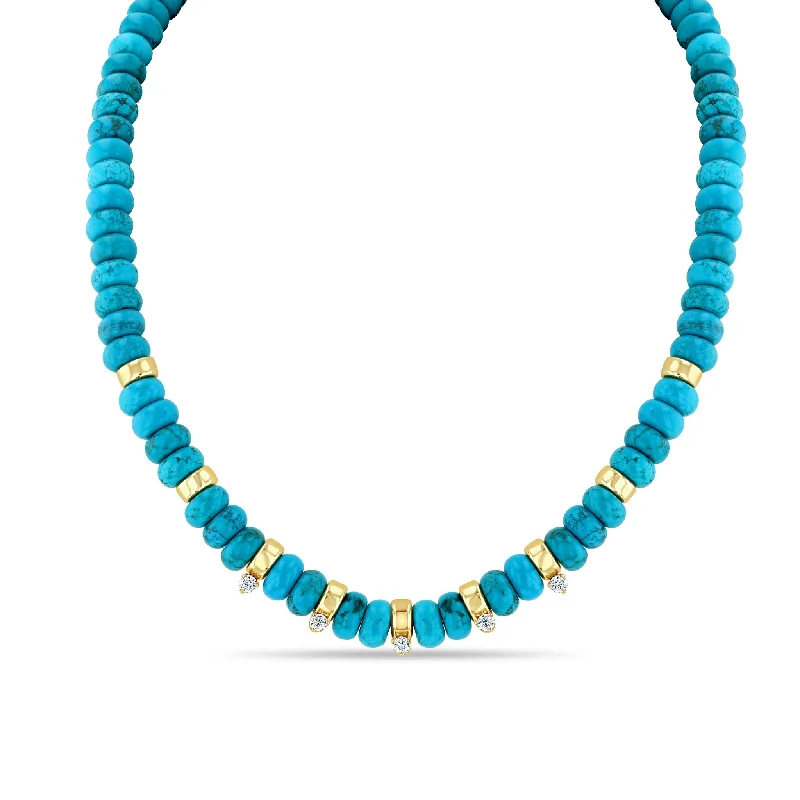 long gold necklace with pendant -14k Gold & Turquoise Rondelle Large Bead Necklace with 5 Prong Diamonds