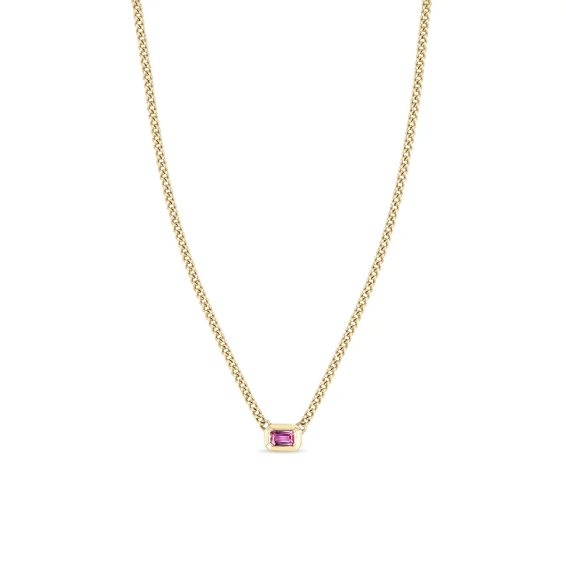 family tree necklace -14k Emerald Cut Pink Sapphire Bezel XS Curb Chain Necklace