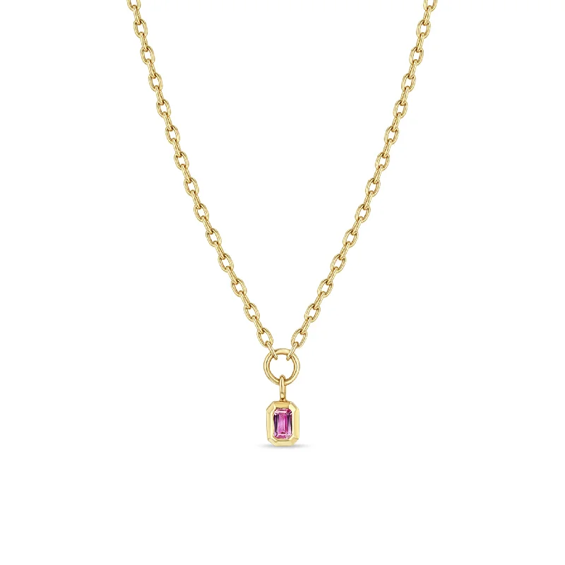 bar pendant necklace for men -14k Emerald Cut Pink Sapphire Pendant Small Square Oval Chain Necklace