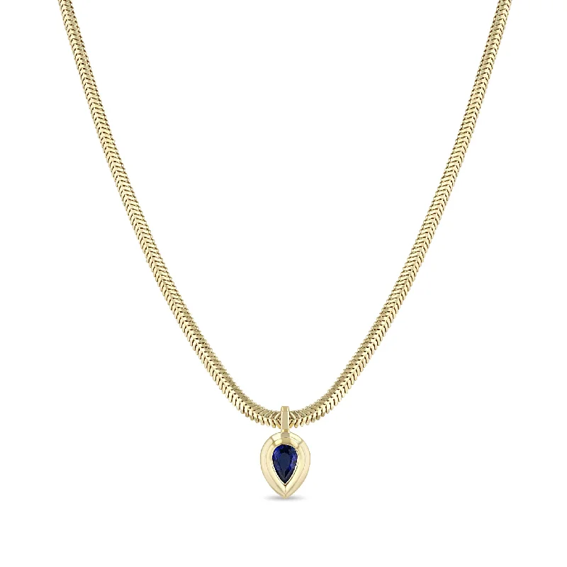 custom engraved couple necklace -14k Pear Blue Sapphire Bezel Pendant Snake Chain Necklace