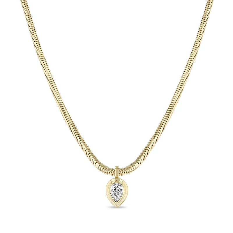 floral pendant necklace -14k Pear Diamond Bezel Pendant Snake Chain Necklace