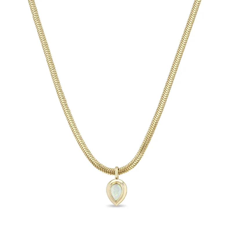 triple strand pearl necklace -14k Pear Opal Bezel Pendant Snake Chain Necklace