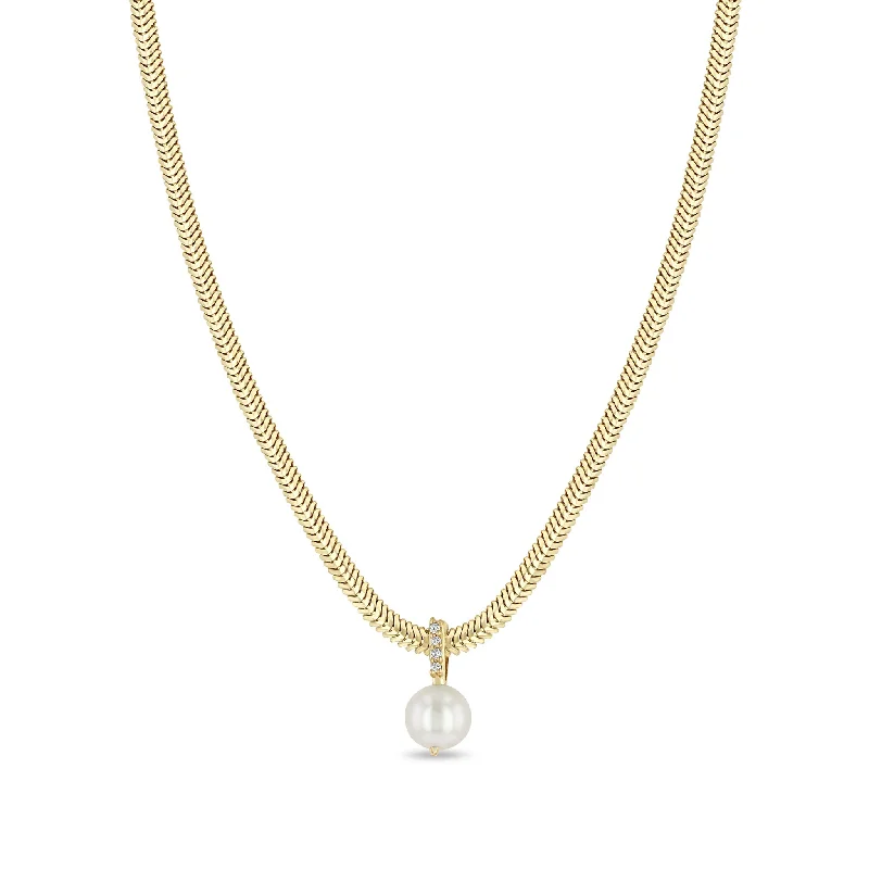 diamond choker necklace -14k Pearl & Pavé Diamond Bail Snake Chain Necklace