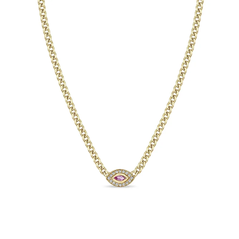 luxury emerald necklace -14k Small Curb Chain Marquise Pink Sapphire Halo Necklace