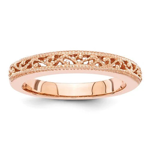 stainless steel ring for men -14k Rose Gold Filigree Openwork Milgrain 3mm Anniversary Band