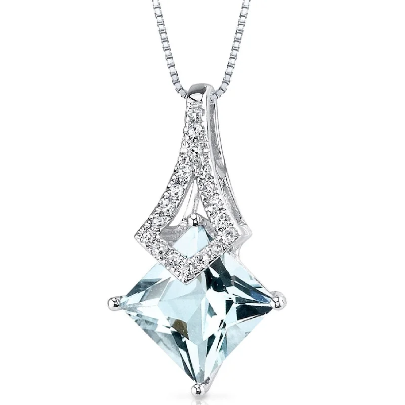 oval pendant necklace for women -14k White Gold Aquamarine Diamond Pendant Princess Cut 1.45 ct