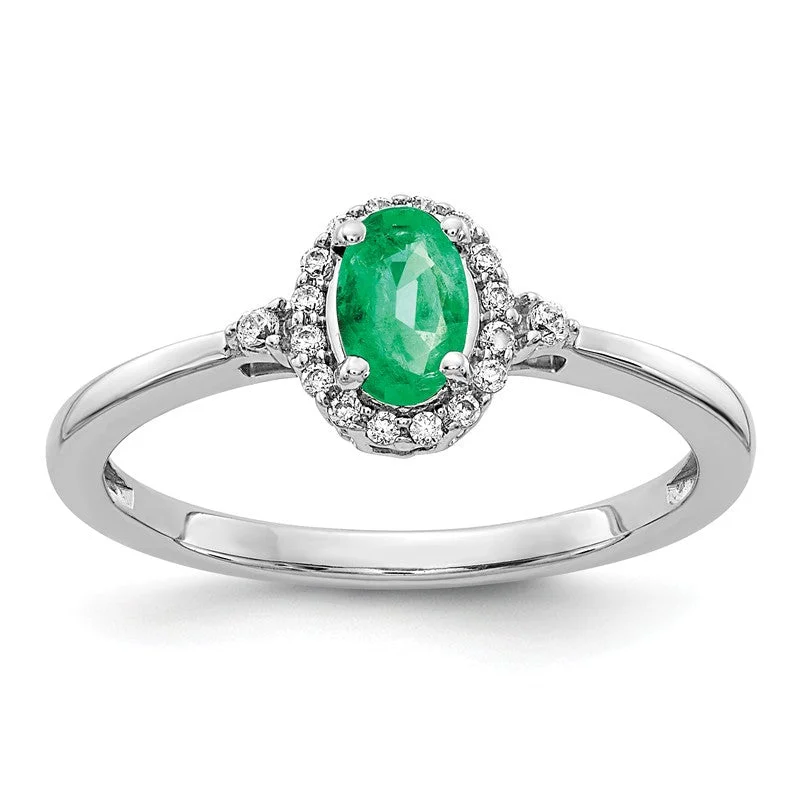 dainty gold band ring -14k White Gold Oval Genuine Emerald And Diamond Halo Ring