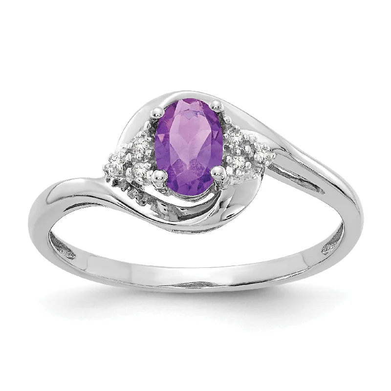 bohemian festival ring -14k White Gold Genuine Oval Amethyst and Diamond Ring