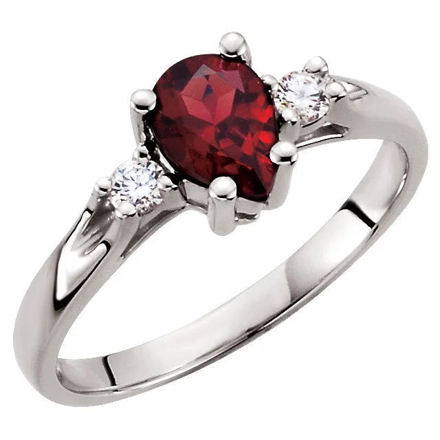 vintage style ring for women -14k White Gold Genuine Pear Mozambique Garnet & Diamond Ring