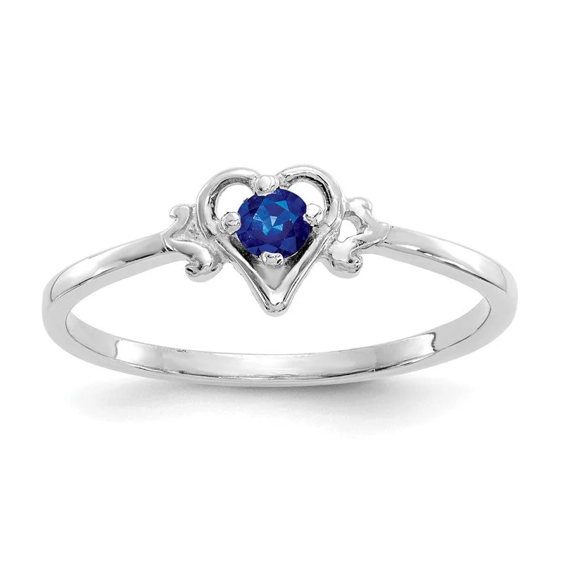 adjustable finger ring -14k White Gold Round Blue Sapphire September Birthstone Heart Ring