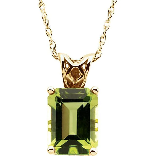 three stone pendant necklace -14K Yellow Gold 8x6mm Em. Cut Rectangular Peridot 18" Necklace