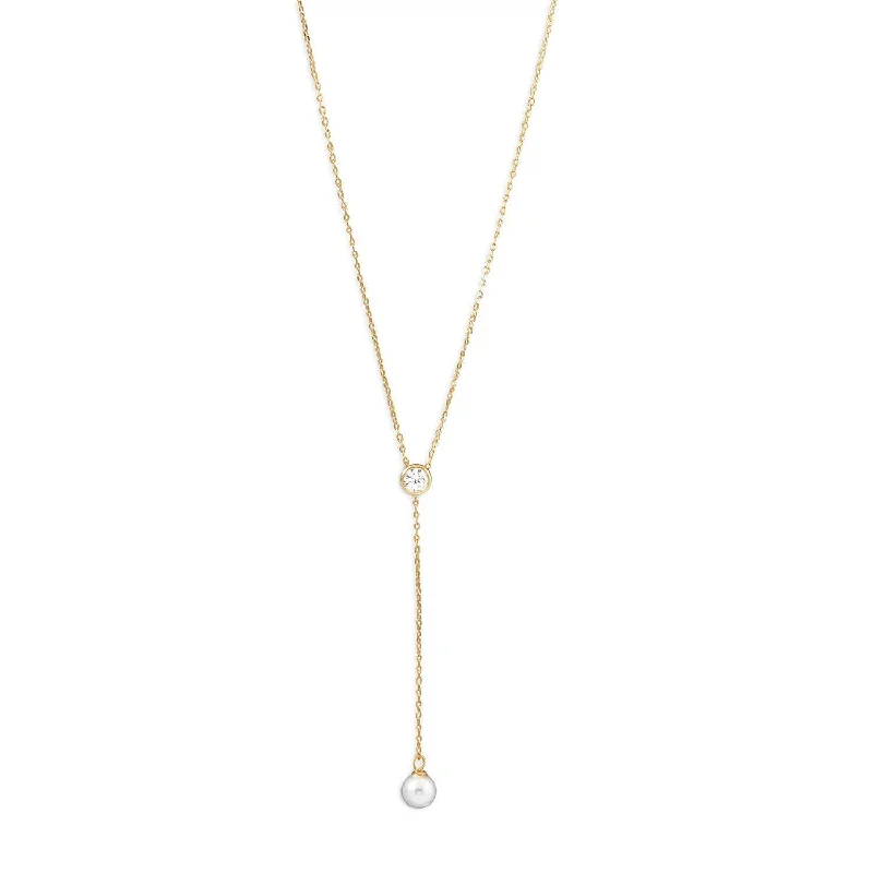 engraved name bar necklace -14k Yellow Gold Plated Sterling Silver CZ and Pearl Drop Necklace