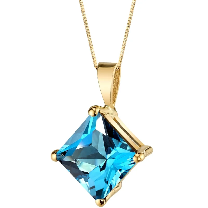 turquoise and gold necklace -14k Yellow Gold Princess Cut 3.00 cts Swiss Blue Topaz Pendant