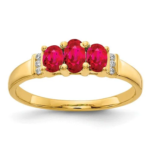 rainbow gemstone ring -14k Yellow Gold Triple Genuine Oval Ruby And Diamond Ring