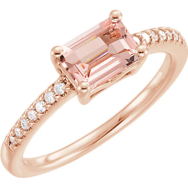 boho style stacking ring -14k Rose Gold Rectangular Octagon Morganite & 1/10 CTW Diamond Ring