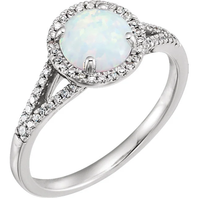 antique opal ring -14k White Gold Round Gemstone & 1/5 CTW Diamond Halo Ring