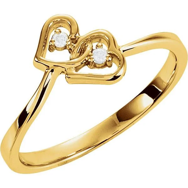 titanium band with wood inlay -14k Gold Diamond Double 2-Stone Heart Promise Ring - White, Rose or Yellow