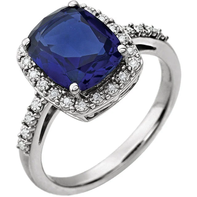 antique opal ring -14k White Gold 10x8 Antique Cushion Created Blue Sapphire & Diamond Halo Ring