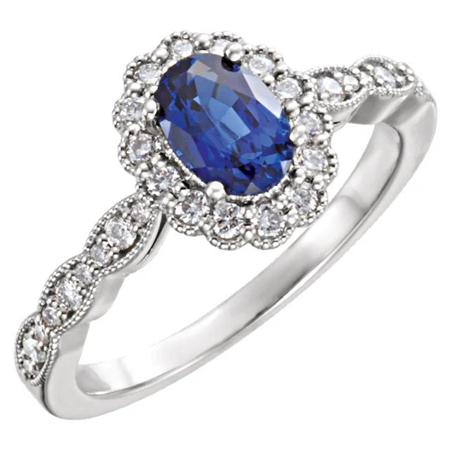 custom initial letter ring -14k White Gold Oval Created Blue Sapphire & Diamond Halo Ring