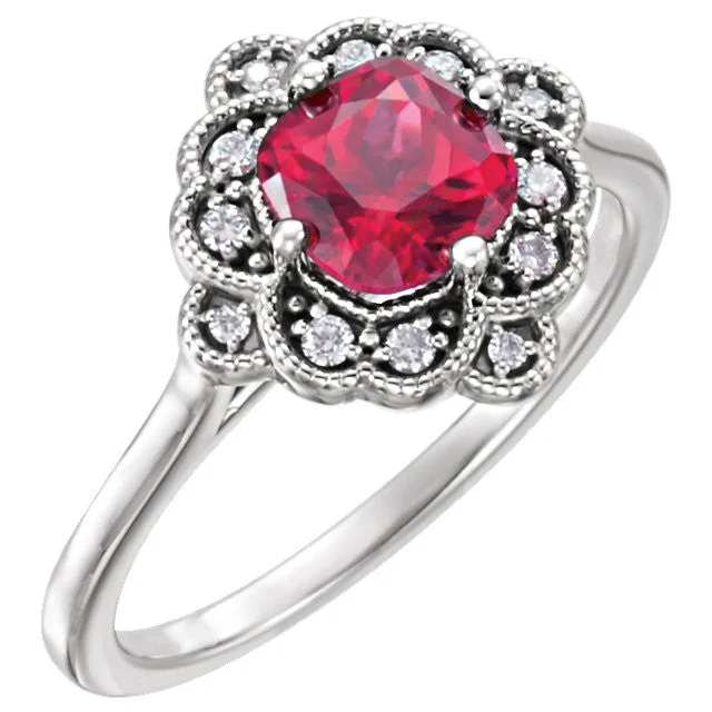 engraved name ring -14k White Gold Cushion Lab Created Ruby & 1/10 CTW Diamond Floral Halo Ring