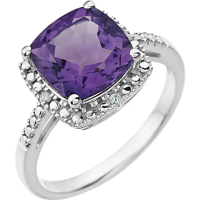 oval cut gemstone ring -14k White Gold 9mm Cushion Cut Amethyst & Diamond Halo-Style Ring