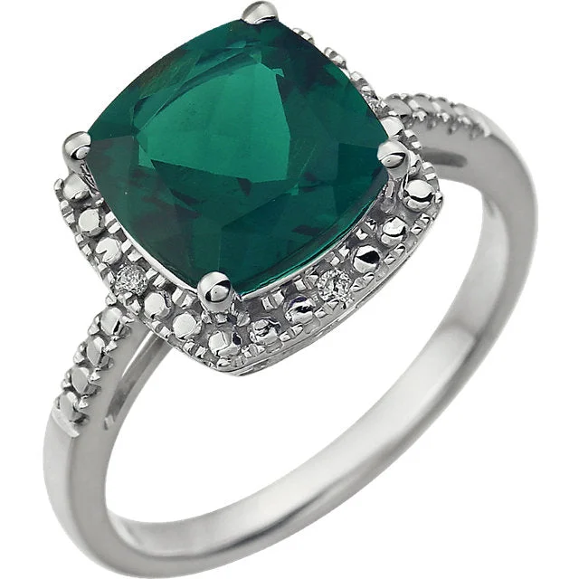 modern geometric ring -14k White Gold 9mm Cushion Cut Created Emerald & Diamond Halo-Style Ring