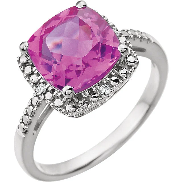 stylish spinner ring -14k White Gold 9mm Cushion Cut Created Pink Sapphire & Diamond Halo-Style Ring