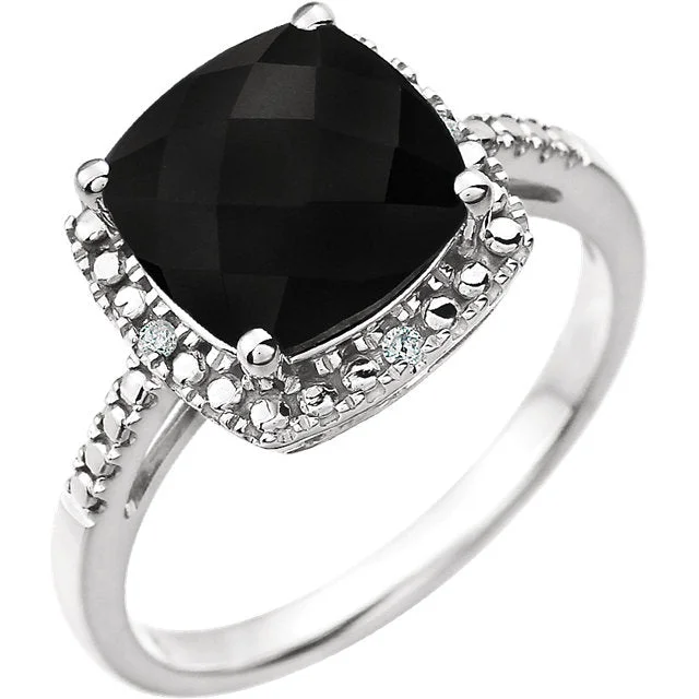 minimalist thin band ring -14k White Gold 9mm Cushion Cut Onyx & Diamond Halo-Style Ring