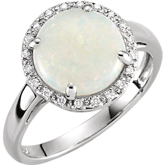 tribal silver band ring -14k White Gold Genuine 10mm Australian Opal & .07 CTW Diamond Halo Ring