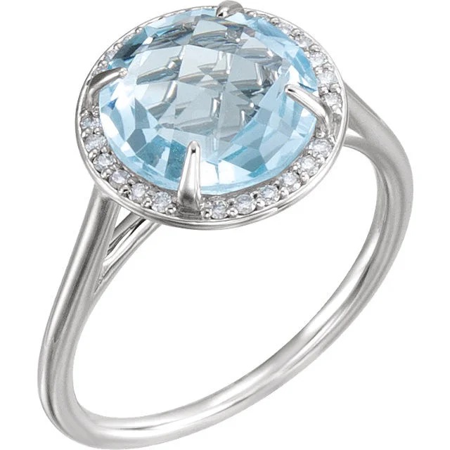 thick bold statement ring -14k Gold 8mm Round Sky Blue Topaz and .05CTW Diamond Halo Ring