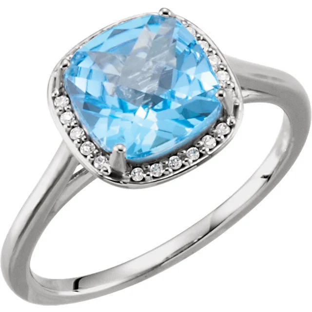 adjustable chain ring -14k Gold 8mm Cushion Cut Swiss Blue Topaz & Diamond Halo Ring