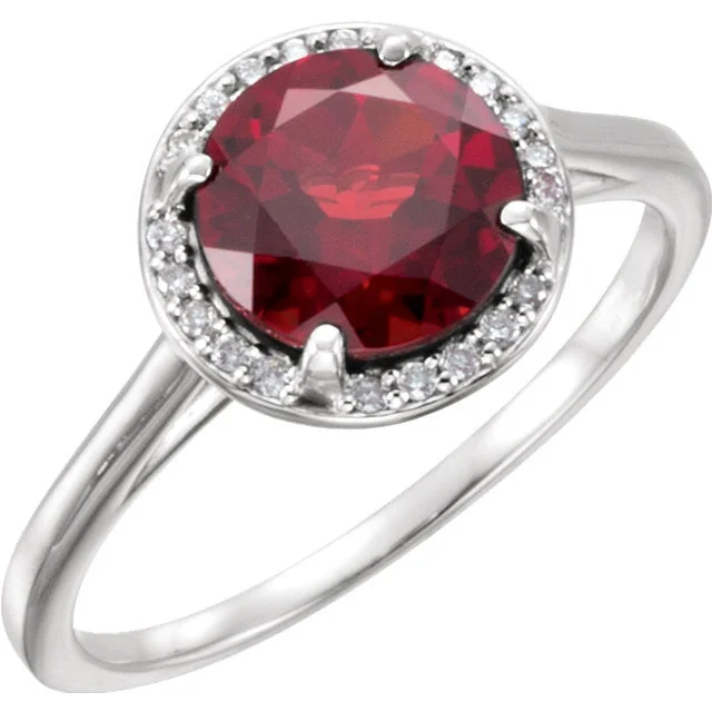 minimalist ring for daily wear -14k Gold 8mm Round Mozambique Garnet and .05CTW Diamond Halo Ring