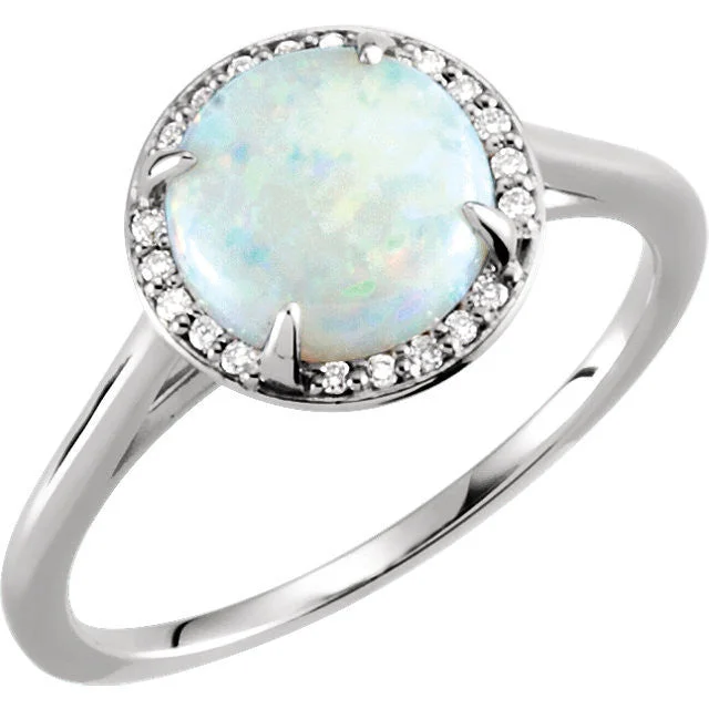 handmade sterling silver ring -14k Gold 8mm Round Genuine Australian Opal & .05 CTW Diamond Halo Ring