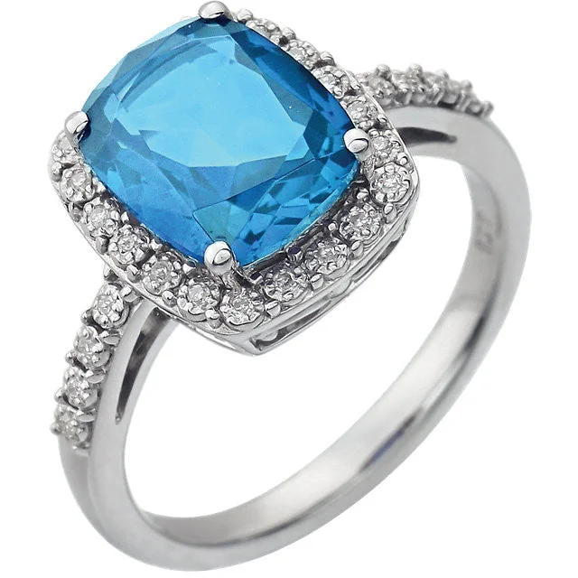 polished platinum ring -14k White Gold 10x8 Cushion Swiss Blue Topaz & Diamond Halo Ring