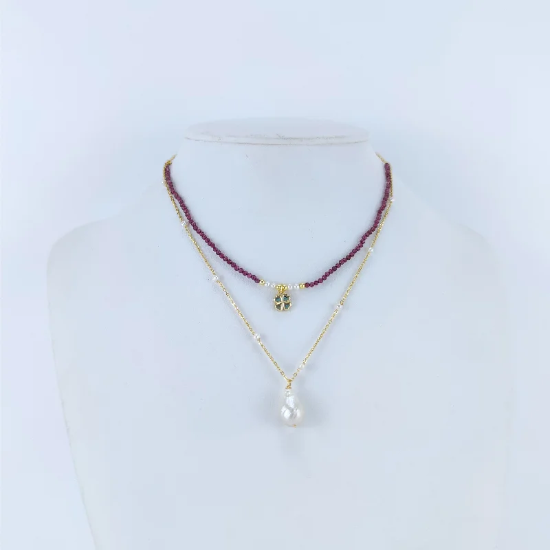 diamond solitaire necklace -18K Gold over Sterling Silver Garnet and Freshwater Pearl Clover Necklace