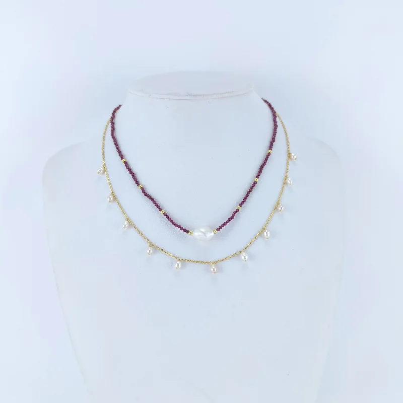 layered necklace for women -18K Gold over Sterling Silver Garnet and Freshwater Pearl Two-Strand Station Necklace