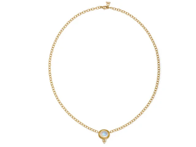 delicate gold necklace -18Y BLUE MOONSTN & DIA TEMPLE LUCREZIA NECK 18" ADJ