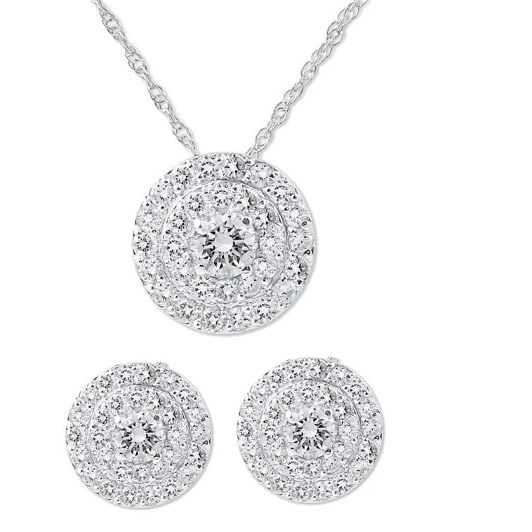 personalized coordinates necklace -2 1/4ct Diamond Double Halo Studs & Matching Pendant Set White Gold