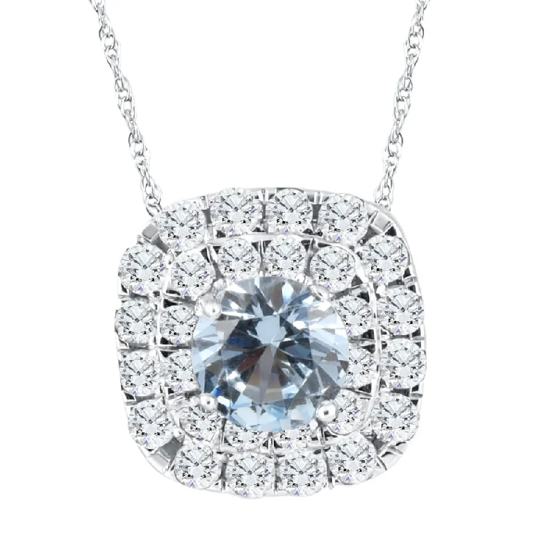 gold rope chain necklace -2 3/4Ct Aquamarine & Diamond Cushion Halo Pendant White Gold Womens Necklace