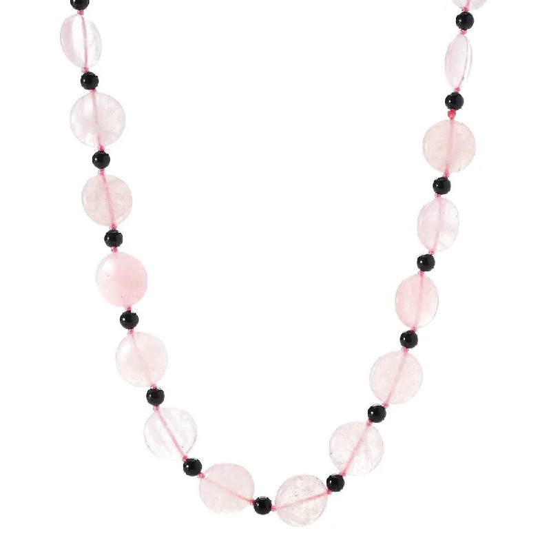 handmade leather necklace -28" 18mm Coin Shaped Rose Quartz & Onyx Beaded Endless Necklace