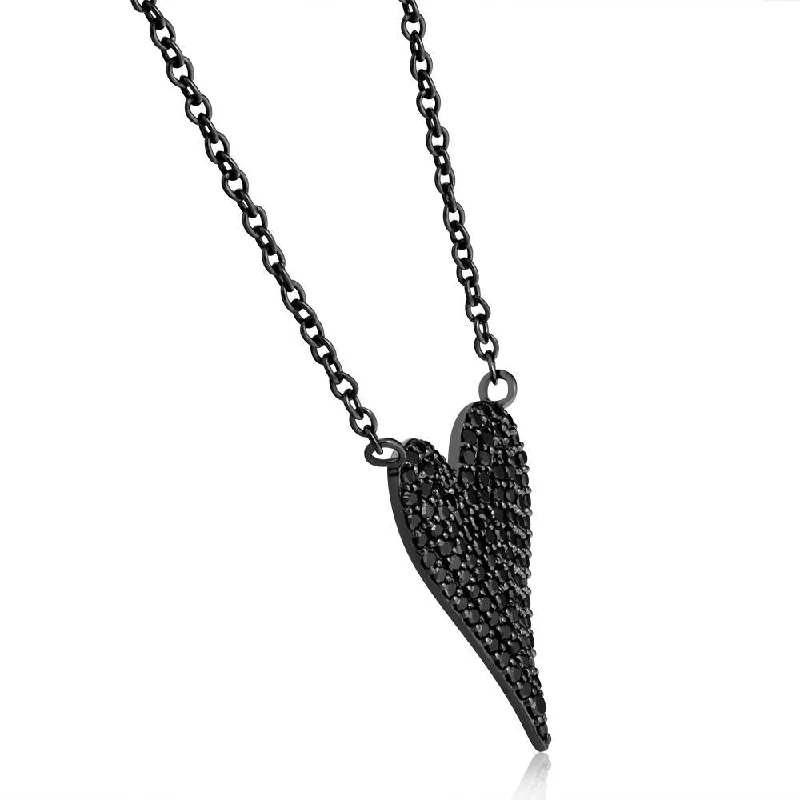 handmade gemstone necklace -5/8Ct Black Diamond Pave Heart Pendant Necklace in Black Silver 21mm tall