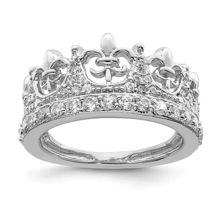 handmade sterling silver ring -Sterling Silver Fleur-de-lis Crown CZ Ring