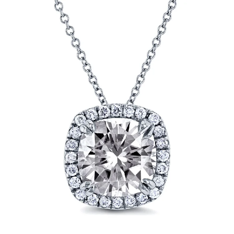 diamond tennis necklace -Annello by Kobelli 14k White Gold 8.5mm Cushion Moissanite and 1/5ct Diamond Halo Necklace (GH/VS, GH/I)