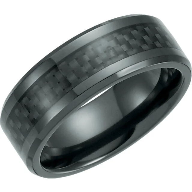 unique wave shape ring -Black Titanium 8mm Beveled Band with Black Carbon Fiber Inlay