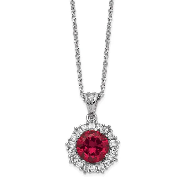 three stone pendant necklace -Cheryl M Sterling Silver Round Created Ruby & CZ Halo Pendant Necklace