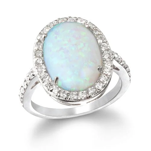 vintage filigree ring -Cheryl M Sterling Silver CZ And Large Oval Created White Opal Ring